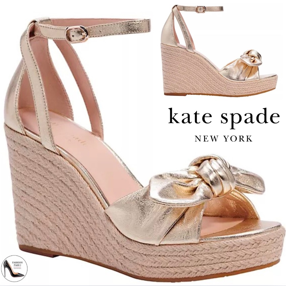 Kate Spade Tianna Espadrille Wedges Metallic Gold Leather Platform Sandals Pumps